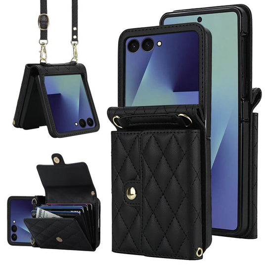 For Samsung Galaxy Z Flip7 5G Rhombic Texture Card Bag PU Phone Case with Long Lanyard(Black)