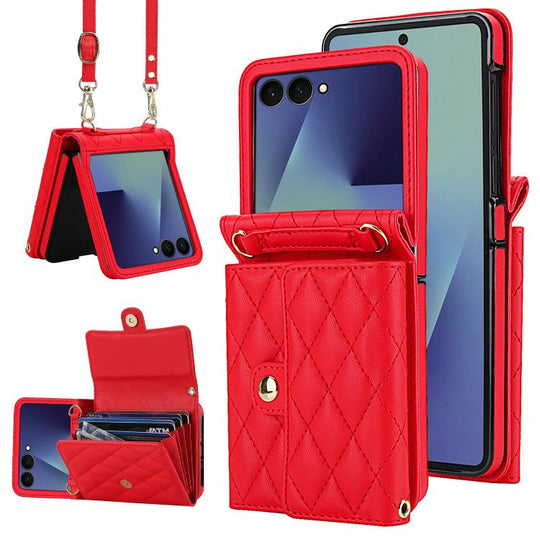 For Samsung Galaxy Z Flip7 5G Rhombic Texture Card Bag PU Phone Case with Long Lanyard(Red)