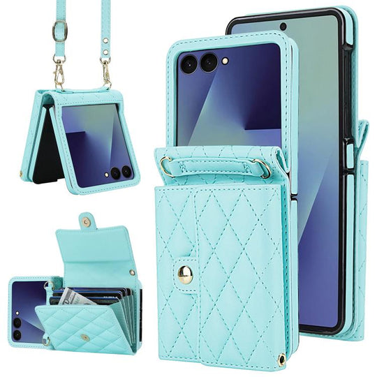 For Samsung Galaxy Z Flip7 5G Rhombic Texture Card Bag PU Phone Case with Long Lanyard(Mint Green)