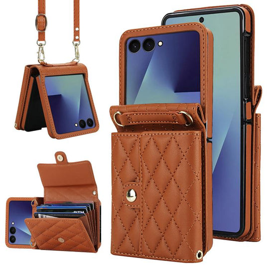 For Samsung Galaxy Z Flip7 5G Rhombic Texture Card Bag PU Phone Case with Long Lanyard(Brown)