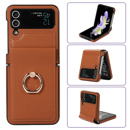 For Samsung Galaxy Z Flip3 Full Coverage Fold Solid Color PU Phone Case with Ring(Brown)