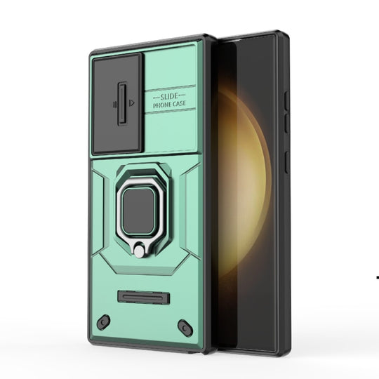 For Samsung Galaxy S24 Ultra 5G Sliding Camshield TPU + PC Shockproof Phone Case with Holder(Green)