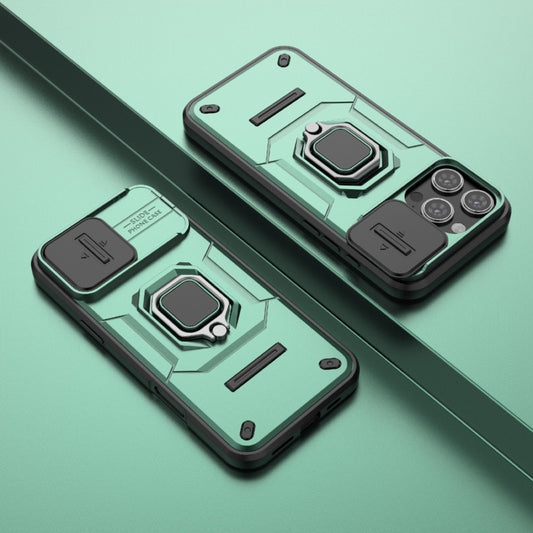 For iPhone 16 Pro Max Sliding Camshield TPU + PC Shockproof Phone Case with Holder(Green) by buy2fix