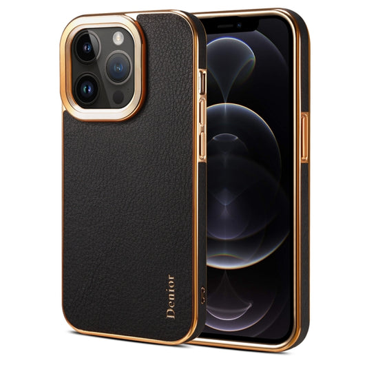 For iPhone 12 Pro Max Denior Cowhide Leather Plating Phone Case(Black) - iPhone 12 Pro Max Cases by Denior | Online Shopping UK | buy2fix