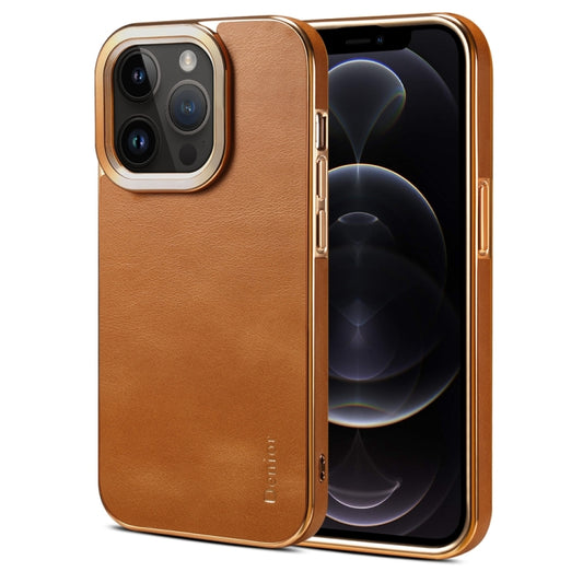 For iPhone 12 Pro Max Denior Cowhide Leather Plating Phone Case(Khaki) - iPhone 12 Pro Max Cases by Denior | Online Shopping UK | buy2fix