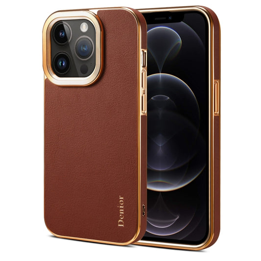 For iPhone 12 Pro Max Denior Cowhide Leather Plating Phone Case(Brown) - iPhone 12 Pro Max Cases by Denior | Online Shopping UK | buy2fix