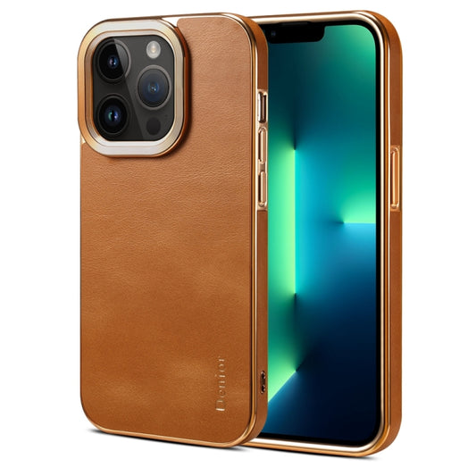 For iPhone 13 Pro Max Denior Cowhide Leather Plating Phone Case(Khaki) - iPhone 13 Pro Max Cases by Denior | Online Shopping UK | buy2fix