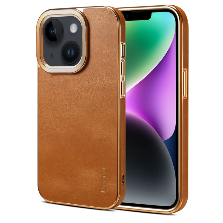 For iPhone 14 Denior Cowhide Leather Plating Phone Case(Khaki) - iPhone 14 Cases by Denior | Online Shopping UK | buy2fix