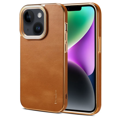 For iPhone 14 Denior Cowhide Leather Plating Phone Case(Khaki) - iPhone 14 Cases by Denior | Online Shopping UK | buy2fix
