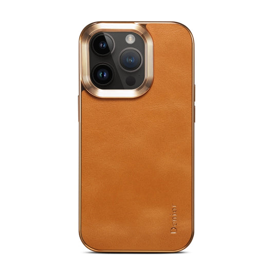 For iPhone 14 Denior Cowhide Leather Plating Phone Case(Khaki) - iPhone 14 Cases by Denior | Online Shopping UK | buy2fix