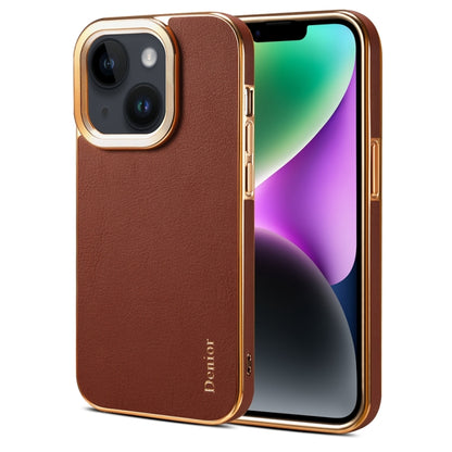 For iPhone 14 Denior Cowhide Leather Plating Phone Case(Brown) - iPhone 14 Cases by Denior | Online Shopping UK | buy2fix