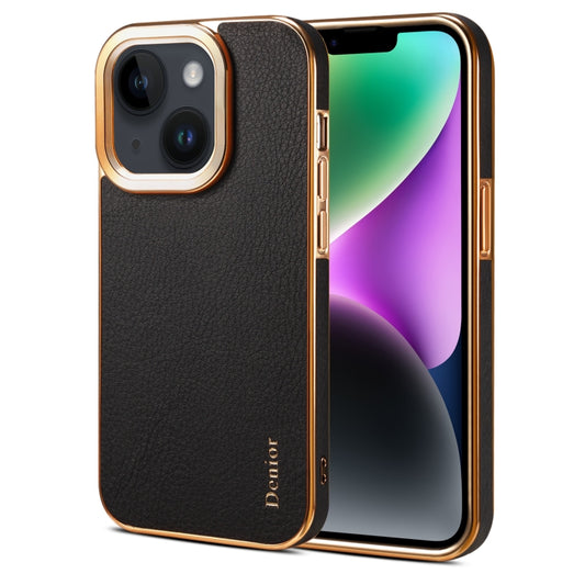 For iPhone 14 Plus Denior Cowhide Leather Plating Phone Case(Black) - iPhone 14 Plus Cases by Denior | Online Shopping UK | buy2fix