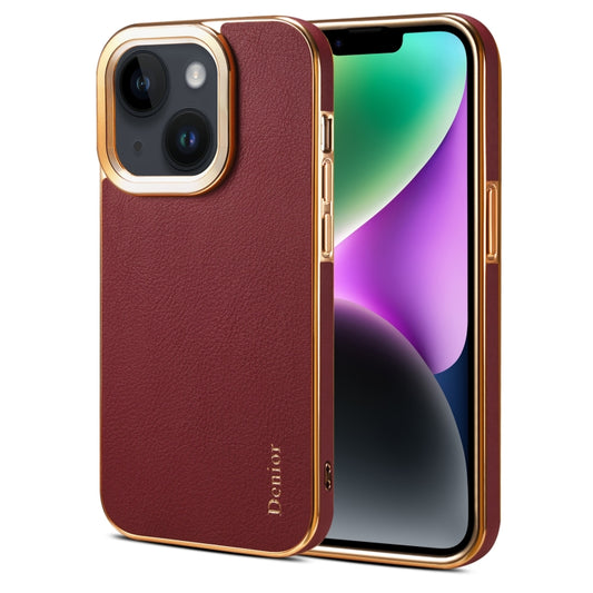For iPhone 14 Plus Denior Cowhide Leather Plating Phone Case(Red) - iPhone 14 Plus Cases by Denior | Online Shopping UK | buy2fix