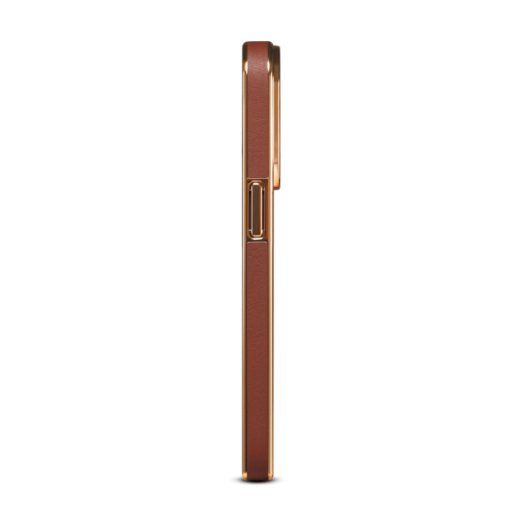 For iPhone 14 Plus Denior Cowhide Leather Plating Phone Case(Brown) - iPhone 14 Plus Cases by Denior | Online Shopping UK | buy2fix