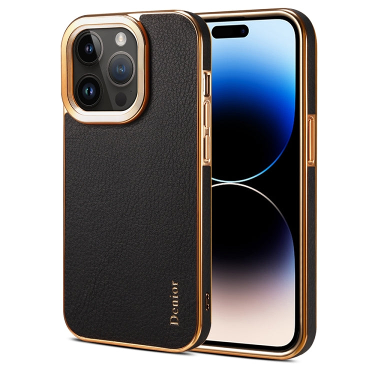 For iPhone 14 Pro Max Denior Cowhide Leather Plating Phone Case(Black) - iPhone 14 Pro Max Cases by Denior | Online Shopping UK | buy2fix