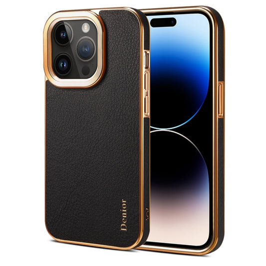 For iPhone 14 Pro Max Denior Cowhide Leather Plating Phone Case(Black) - iPhone 14 Pro Max Cases by Denior | Online Shopping UK | buy2fix