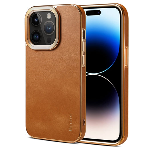 For iPhone 14 Pro Max Denior Cowhide Leather Plating Phone Case(Khaki) - iPhone 14 Pro Max Cases by Denior | Online Shopping UK | buy2fix