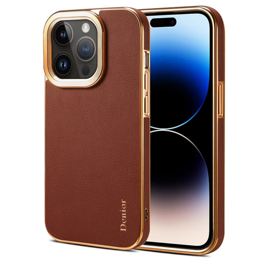 For iPhone 14 Pro Max Denior Cowhide Leather Plating Phone Case(Brown) - iPhone 14 Pro Max Cases by Denior | Online Shopping UK | buy2fix