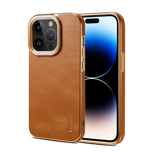 For iPhone 15 Pro Denior Cowhide Leather Plating Phone Case(Khaki) - iPhone 15 Pro Cases by Denior | Online Shopping UK | buy2fix