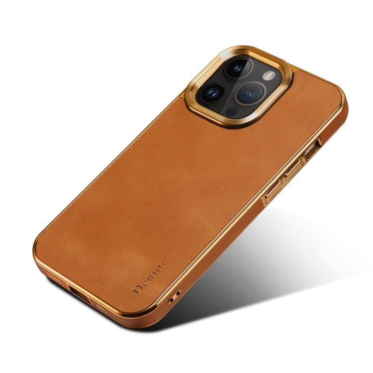 For iPhone 15 Pro Denior Cowhide Leather Plating Phone Case(Khaki) - iPhone 15 Pro Cases by Denior | Online Shopping UK | buy2fix