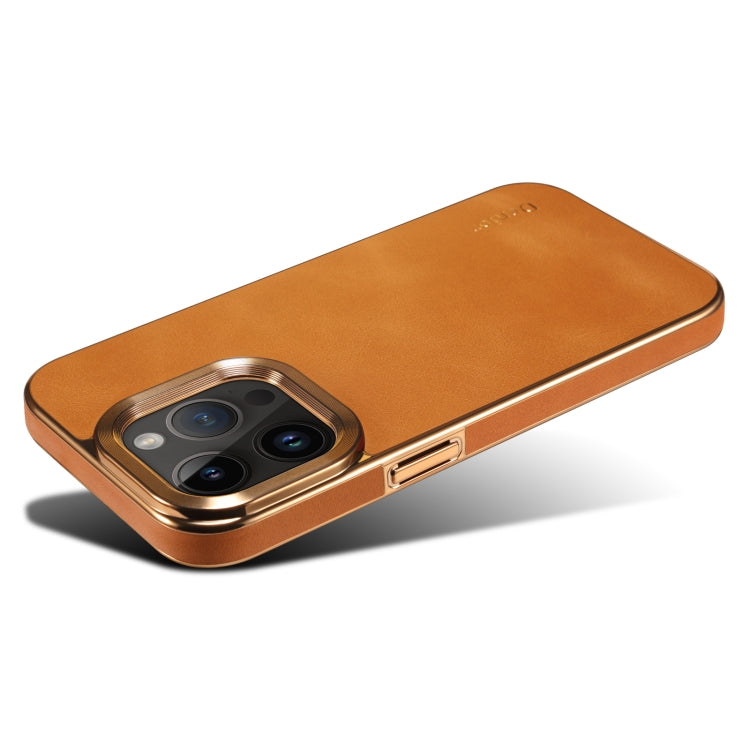 For iPhone 15 Pro Denior Cowhide Leather Plating Phone Case(Khaki) - iPhone 15 Pro Cases by Denior | Online Shopping UK | buy2fix
