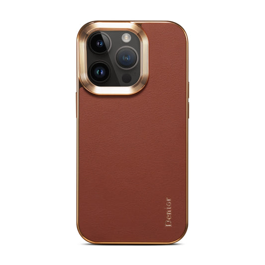 For iPhone 15 Pro Denior Cowhide Leather Plating Phone Case(Brown) - iPhone 15 Pro Cases by Denior | Online Shopping UK | buy2fix