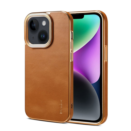 For iPhone 15 Denior Cowhide Leather Plating Phone Case(Khaki)