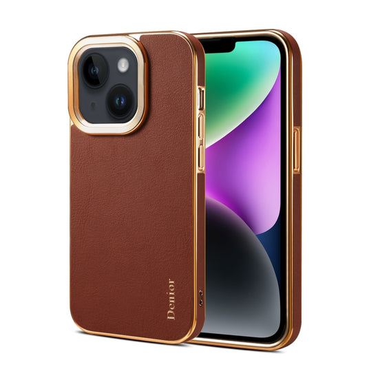 For iPhone 15 Denior Cowhide Leather Plating Phone Case(Brown) - iPhone 15 Cases by Denior | Online Shopping UK | buy2fix