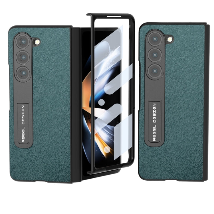 For Samsung Galaxy Z Fold5 Integrated Genuine Leather Luolai Series Phone Case with Holder(Dark Green) - Galaxy Z Fold5 Cases by buy2fix | Online Shopping UK | buy2fix