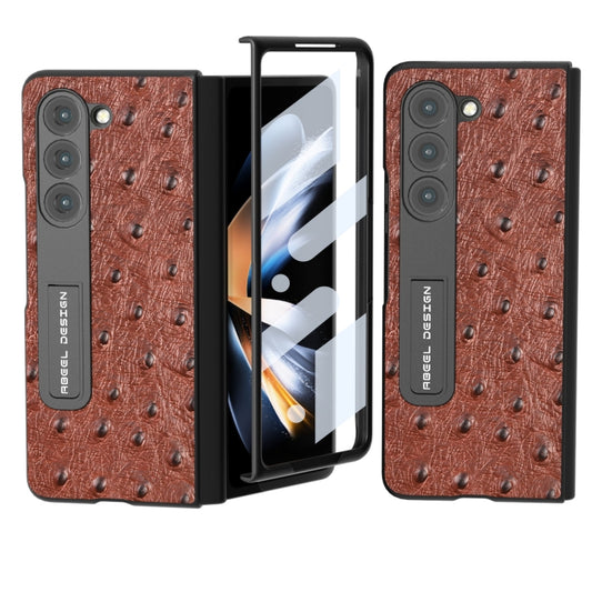 For Samsung Galaxy Z Fold5 Integrated Genuine Leather Ostrich Texture Phone Case with Holder(Coffee) - Galaxy Z Fold5 Cases by buy2fix | Online Shopping UK | buy2fix
