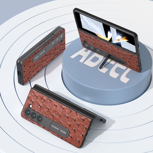 For Samsung Galaxy Z Fold5 Integrated Genuine Leather Ostrich Texture Phone Case with Holder(Coffee) - Galaxy Z Fold5 Cases by buy2fix | Online Shopping UK | buy2fix