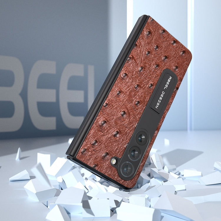 For Samsung Galaxy Z Fold5 Integrated Genuine Leather Ostrich Texture Phone Case with Holder(Coffee) - Galaxy Z Fold5 Cases by buy2fix | Online Shopping UK | buy2fix