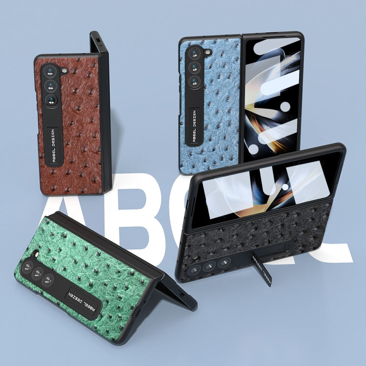 For Samsung Galaxy Z Fold5 Integrated Genuine Leather Ostrich Texture Phone Case with Holder(Coffee) - Galaxy Z Fold5 Cases by buy2fix | Online Shopping UK | buy2fix