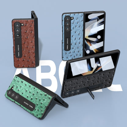 For Samsung Galaxy Z Fold5 Integrated Genuine Leather Ostrich Texture Phone Case with Holder(Coffee) - Galaxy Z Fold5 Cases by buy2fix | Online Shopping UK | buy2fix
