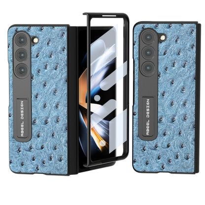 For Samsung Galaxy Z Fold5 Integrated Genuine Leather Ostrich Texture Phone Case with Holder(Blue) - Galaxy Z Fold5 Cases by buy2fix | Online Shopping UK | buy2fix