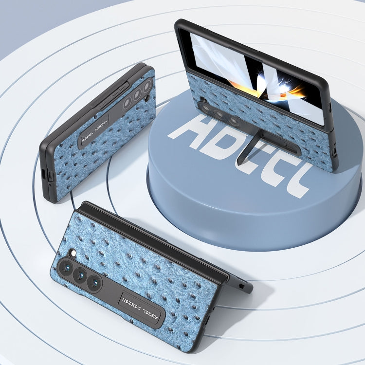 For Samsung Galaxy Z Fold5 Integrated Genuine Leather Ostrich Texture Phone Case with Holder(Blue) - Galaxy Z Fold5 Cases by buy2fix | Online Shopping UK | buy2fix