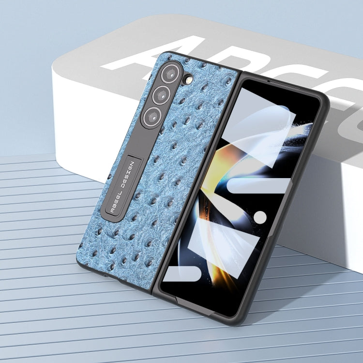 For Samsung Galaxy Z Fold5 Integrated Genuine Leather Ostrich Texture Phone Case with Holder(Blue) - Galaxy Z Fold5 Cases by buy2fix | Online Shopping UK | buy2fix
