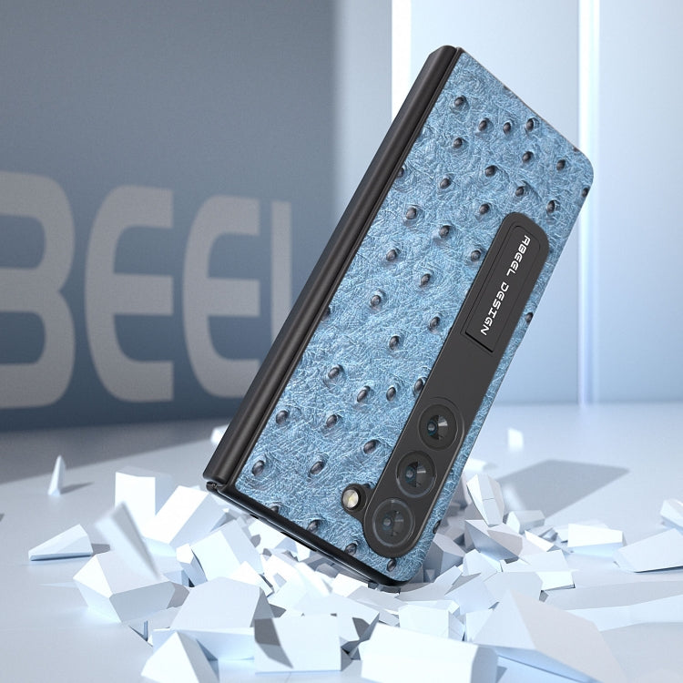 For Samsung Galaxy Z Fold5 Integrated Genuine Leather Ostrich Texture Phone Case with Holder(Blue) - Galaxy Z Fold5 Cases by buy2fix | Online Shopping UK | buy2fix