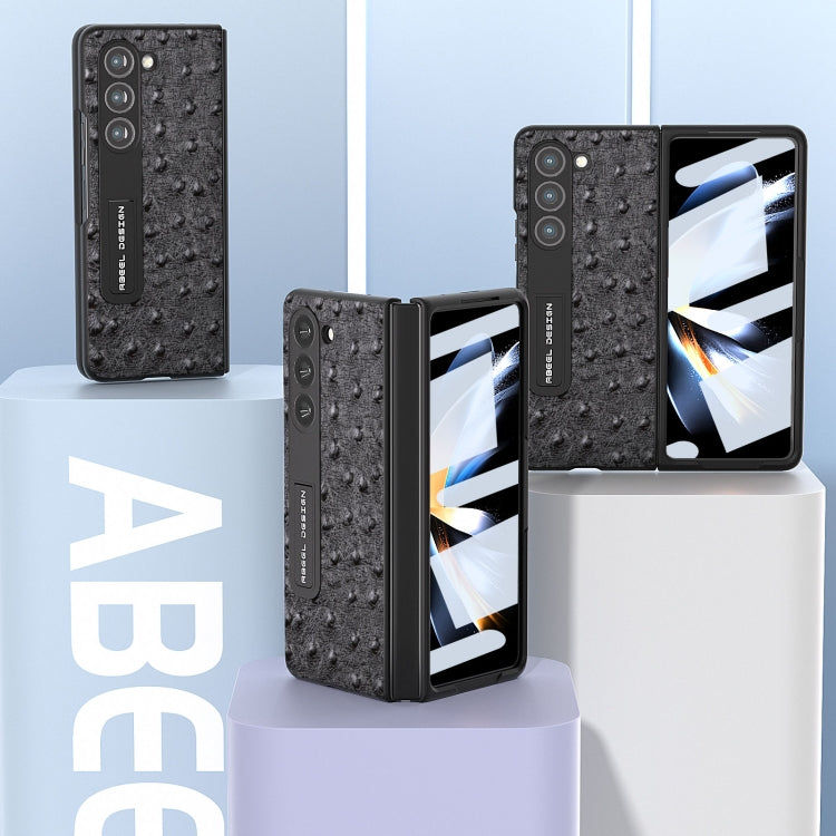 For Samsung Galaxy Z Fold5 Integrated Genuine Leather Ostrich Texture Phone Case with Holder(Black) - Galaxy Z Fold5 Cases by buy2fix | Online Shopping UK | buy2fix