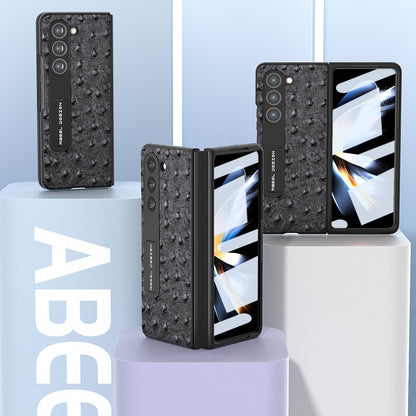 For Samsung Galaxy Z Fold5 Integrated Genuine Leather Ostrich Texture Phone Case with Holder(Black) - Galaxy Z Fold5 Cases by buy2fix | Online Shopping UK | buy2fix
