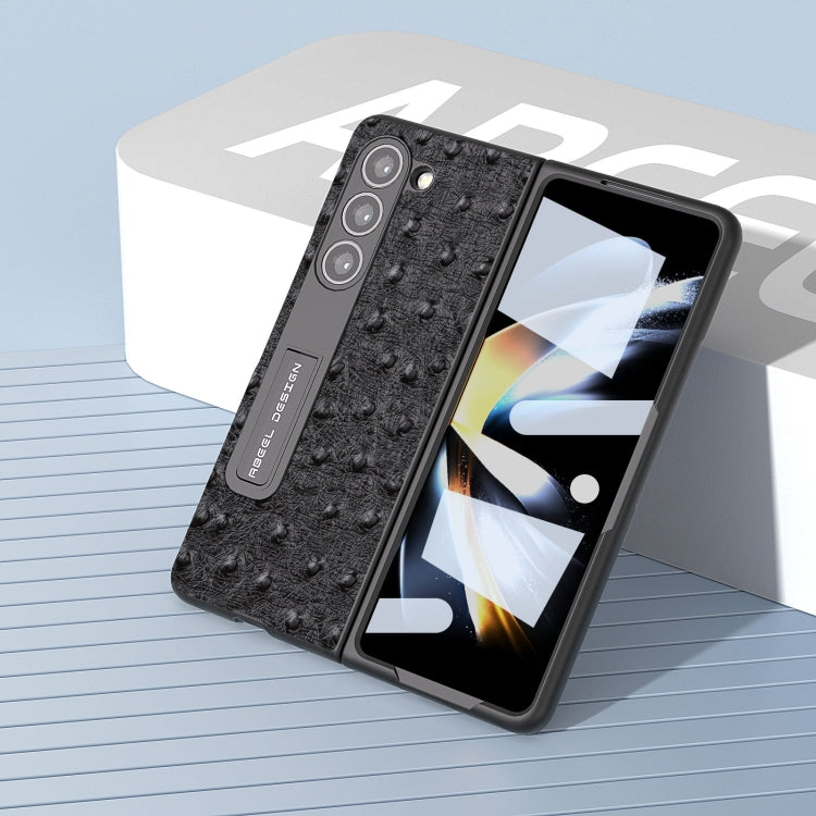 For Samsung Galaxy Z Fold5 Integrated Genuine Leather Ostrich Texture Phone Case with Holder(Black) - Galaxy Z Fold5 Cases by buy2fix | Online Shopping UK | buy2fix