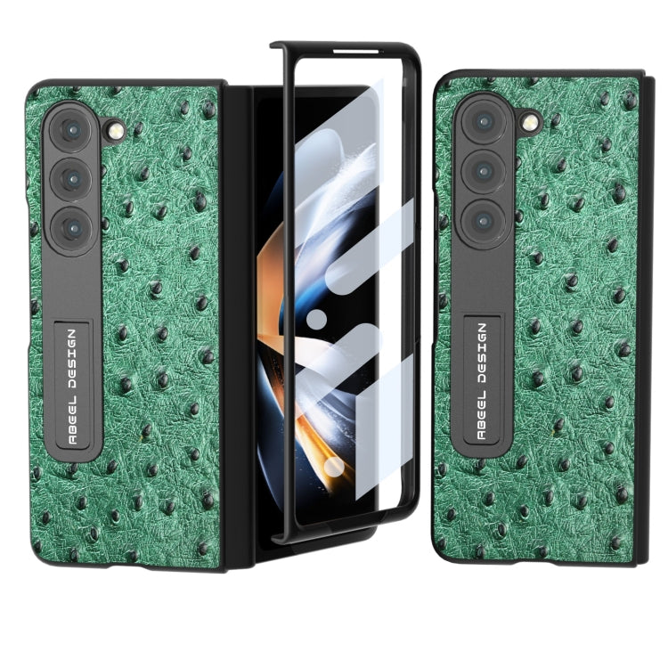 For Samsung Galaxy Z Fold5 Integrated Genuine Leather Ostrich Texture Phone Case with Holder(Green) - Galaxy Z Fold5 Cases by buy2fix | Online Shopping UK | buy2fix
