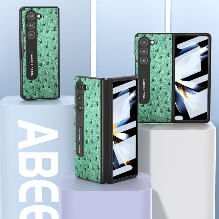 For Samsung Galaxy Z Fold5 Integrated Genuine Leather Ostrich Texture Phone Case with Holder(Green) - Galaxy Z Fold5 Cases by buy2fix | Online Shopping UK | buy2fix