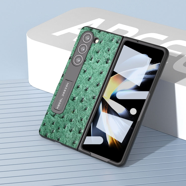 For Samsung Galaxy Z Fold5 Integrated Genuine Leather Ostrich Texture Phone Case with Holder(Green) - Galaxy Z Fold5 Cases by buy2fix | Online Shopping UK | buy2fix