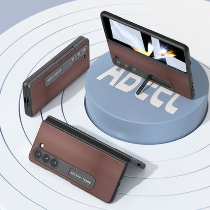 For Samsung Galaxy Z Fold5 Integrated Genuine Leather Xiaoya Series Phone Case with Holder(Coffee) - Galaxy Z Fold5 Cases by buy2fix | Online Shopping UK | buy2fix