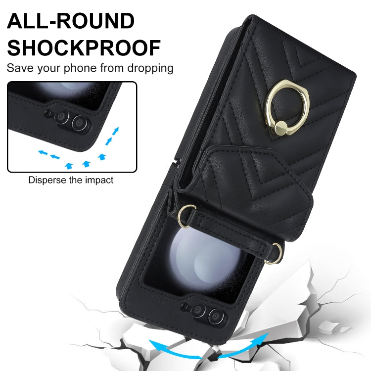 For Samsung Galaxy Z Flip5 V-shaped RFID Card Slot Phone Case with Ring Holder(Black) - Galaxy Z Flip5 Cases by buy2fix | Online Shopping UK | buy2fix