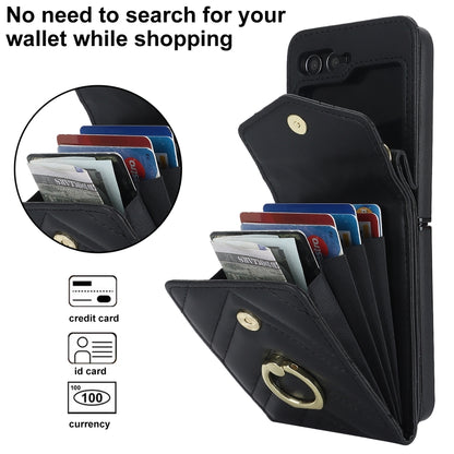 For Samsung Galaxy Z Flip5 V-shaped RFID Card Slot Phone Case with Ring Holder(Black) - Galaxy Z Flip5 Cases by buy2fix | Online Shopping UK | buy2fix