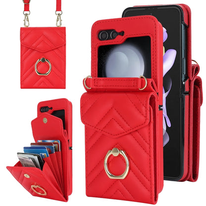 For Samsung Galaxy Z Flip5 V-shaped RFID Card Slot Phone Case with Ring Holder(Red) - Galaxy Z Flip5 Cases by buy2fix | Online Shopping UK | buy2fix