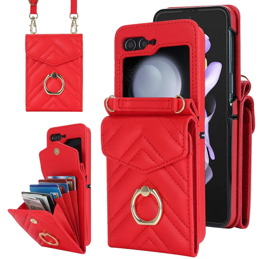 For Samsung Galaxy Z Flip5 V-shaped RFID Card Slot Phone Case with Ring Holder(Red) - Galaxy Z Flip5 Cases by buy2fix | Online Shopping UK | buy2fix