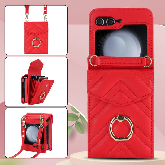 For Samsung Galaxy Z Flip5 V-shaped RFID Card Slot Phone Case with Ring Holder(Red) - Galaxy Z Flip5 Cases by buy2fix | Online Shopping UK | buy2fix